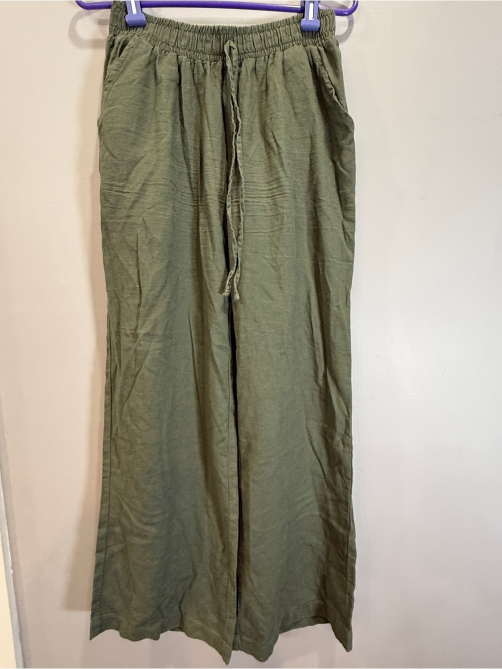 Briggs New York Olive Wide-Leg Linen-Blend Drawstring Pants